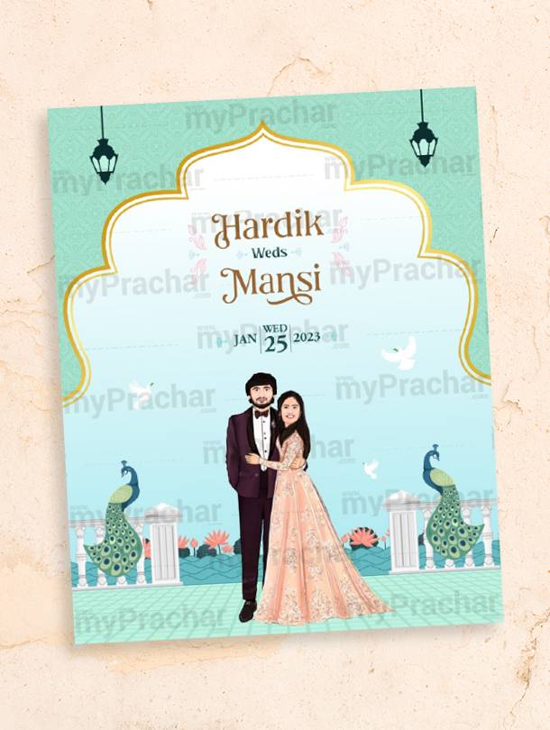 Caricature theme Traditional Indian Gujarati Wedding Invitation Card with Hindi, and English Language Options Thumbnail