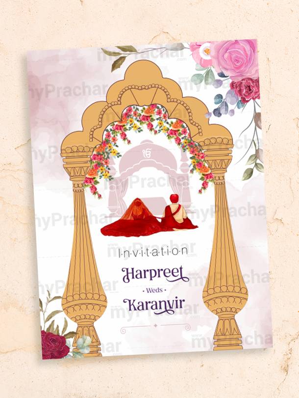 Elegant Punjabi Wedding Invitation Card with Pink Flowers Theme 3