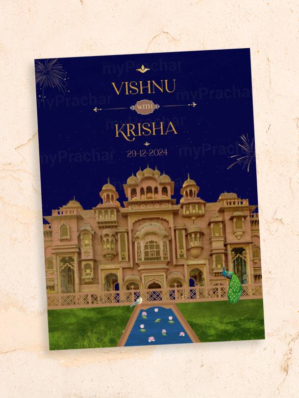Royal Palace Theme Traditional Indian Gujarati Wedding Invitation Card with Hindi, and English Language Options 2
