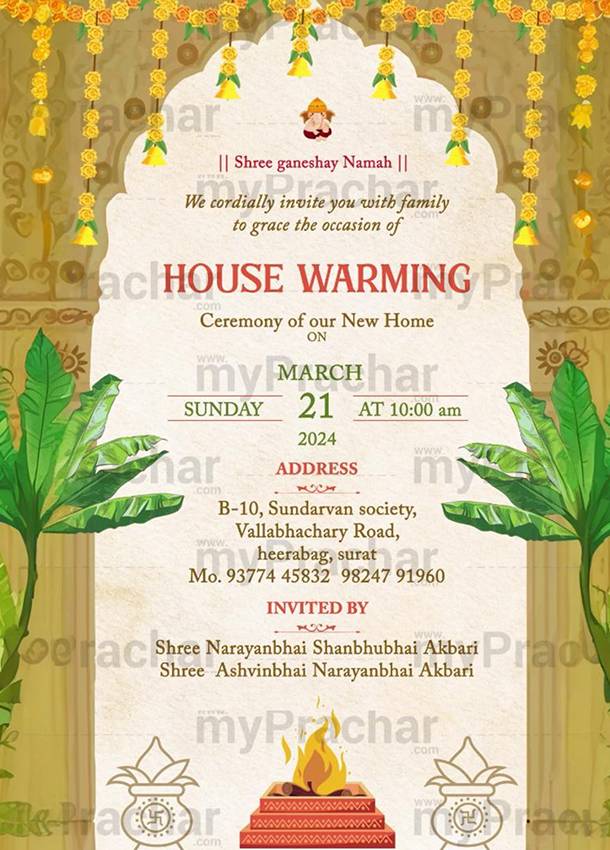 Vastu Pujan House Warming Invitation Card in Gujarati, English, Hindi - Vastu Shanti Ceremony Invitation Design Thumbnail