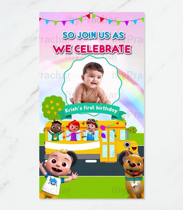 Wheels On The Bus Birthday Party Invitation Video Card for Baby