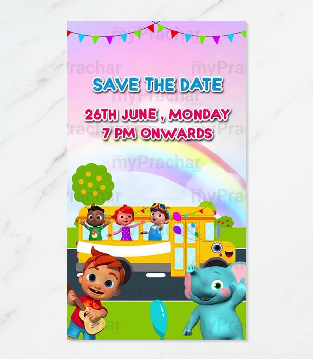 Wheels On The Bus Birthday Party Invitation Video Card for Baby