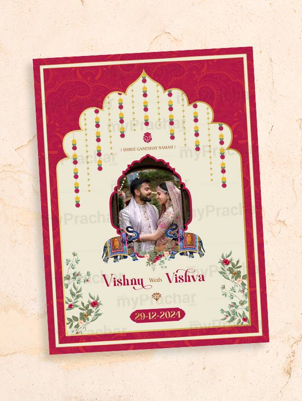 Traditional Indian Wedding Invitation Card with Gujarati, Hindi, and English Language Options T