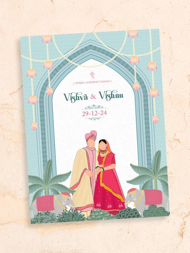 Traditional Indian Wedding Invitation Card with Gujarati, Hindi, and English Language Options