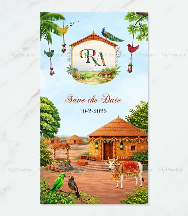 Gujarati Village Kathiyawadi Theme Wedding Invitation In Gujarati