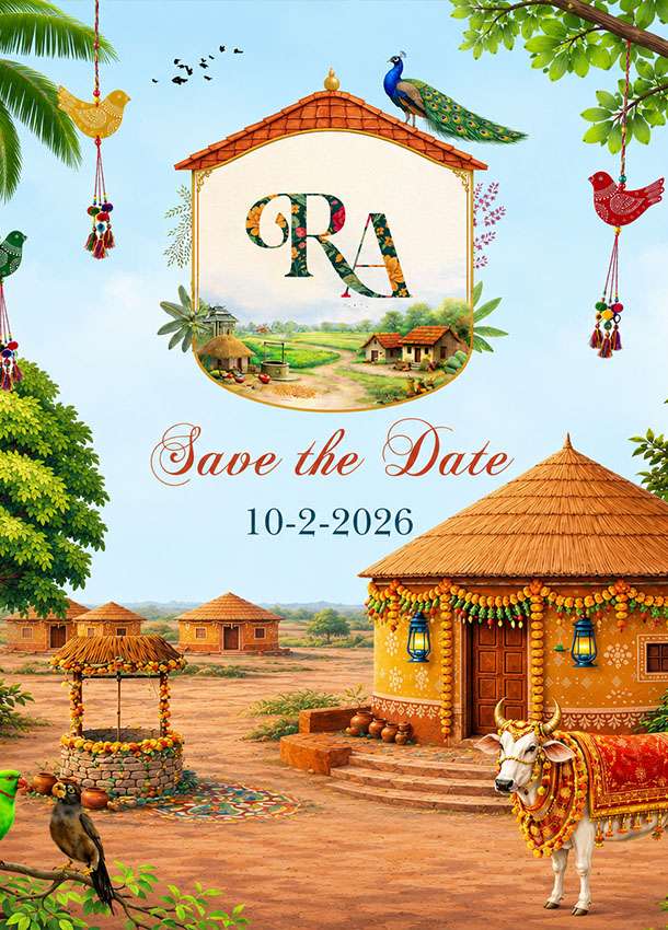 Gujarati Village Kathiyawadi Theme Wedding Invitation In Gujarati