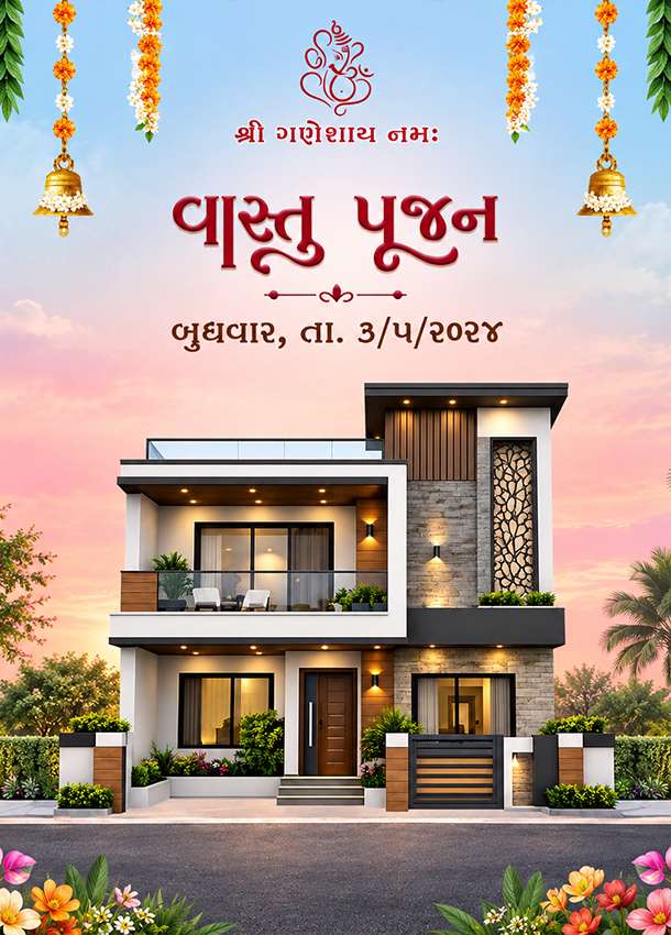 Royal Pichhawai Theme Vastupujan Invitation In Gujarati 1