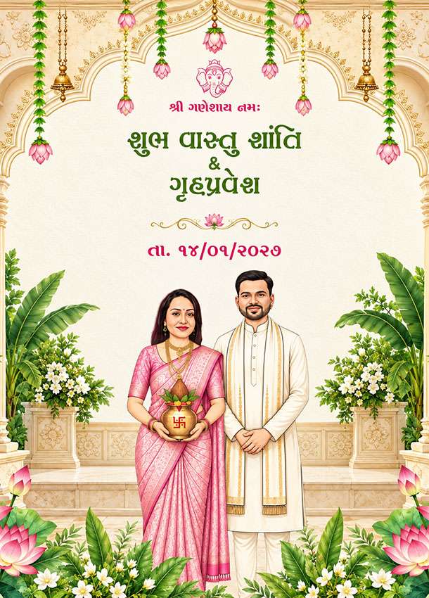 Treditional Theme Vastu Pujan Invitation In Gujarati